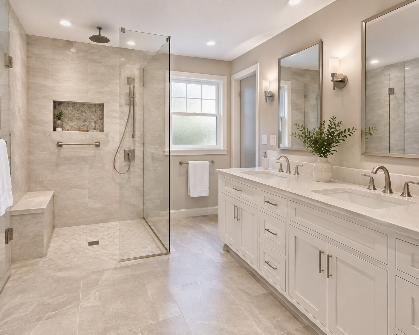 Bathroom remodeling project in a Rockville Maryland home with curbless shower and double vanity