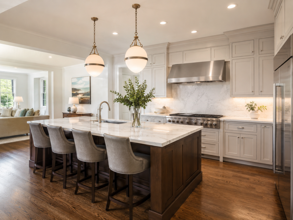 Remodeled open-concept kitchen with island in a Chevy Chase, Maryland home