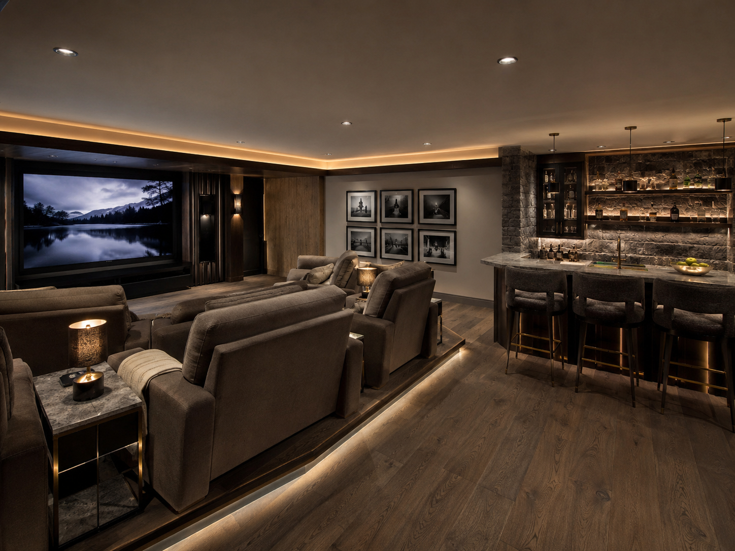 Luxury finished basement in a Potomac Maryland estate home with home theater and wet bar