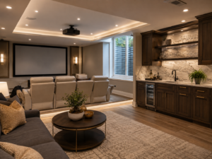 Finished basement with a home theater and wet bar in a Chevy Chase, Maryland home