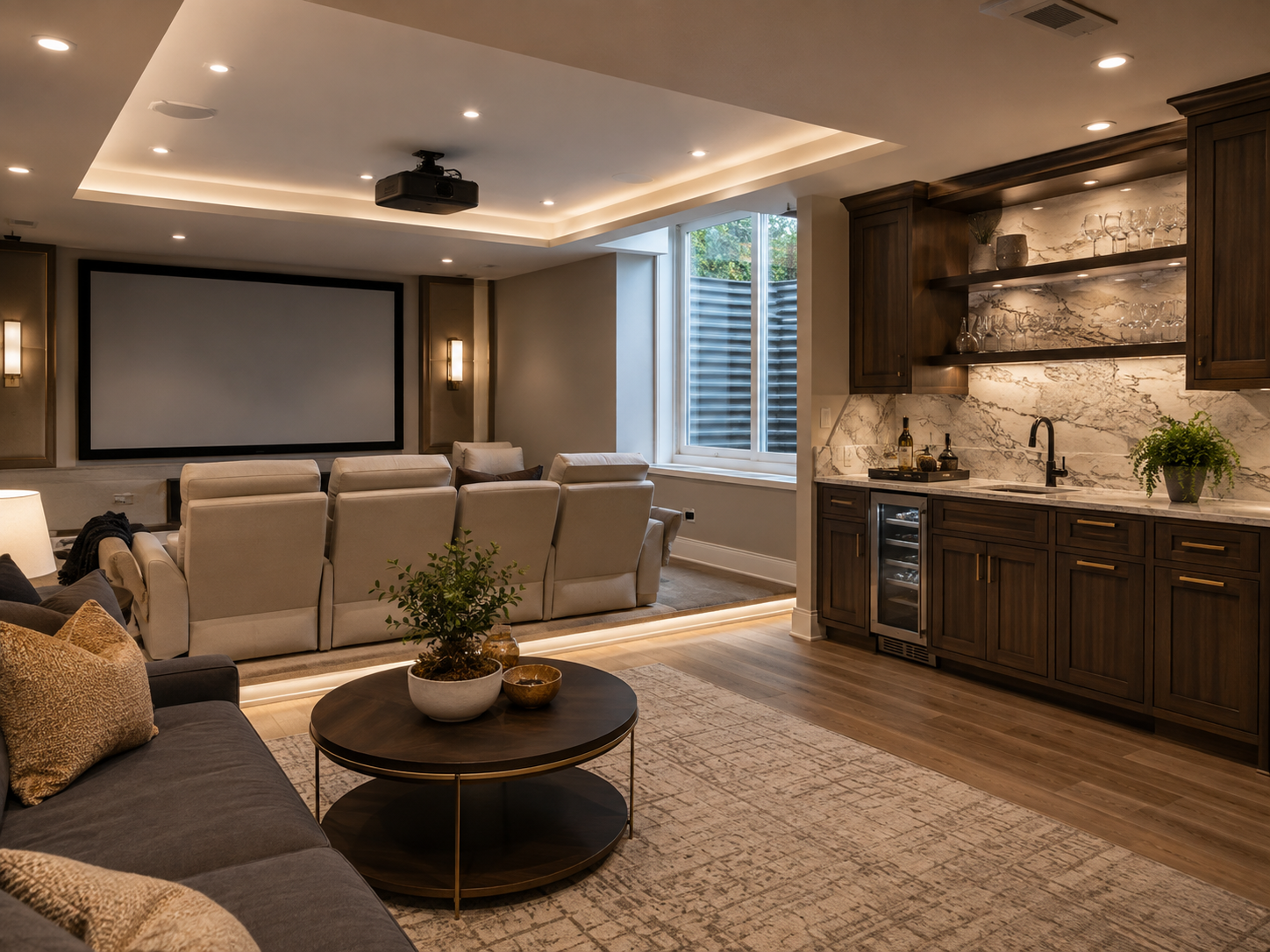 Finished basement with a home theater and wet bar in a Chevy Chase, Maryland home