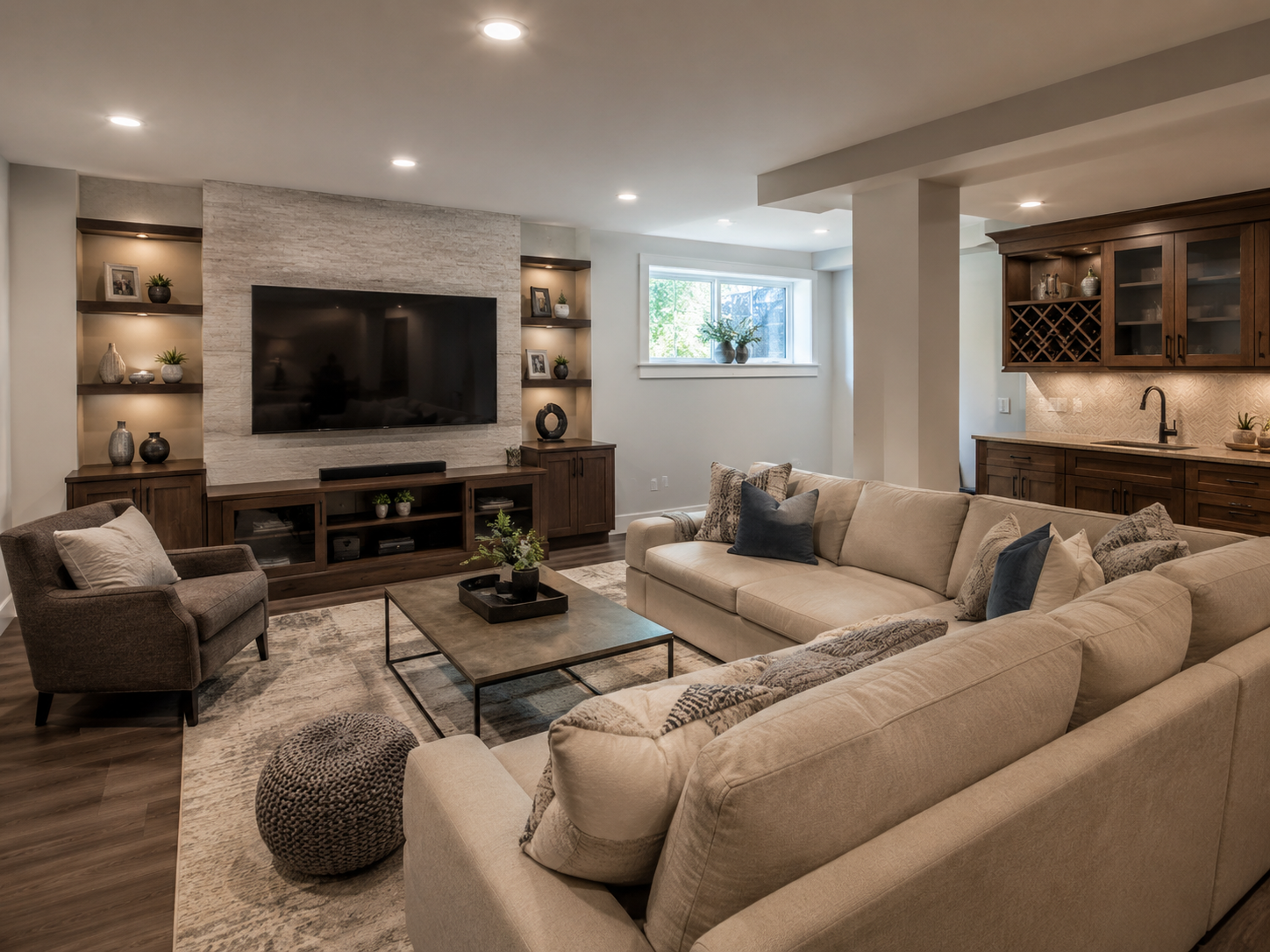 Finished basement with wet bar in a Gaithersburg, Maryland home