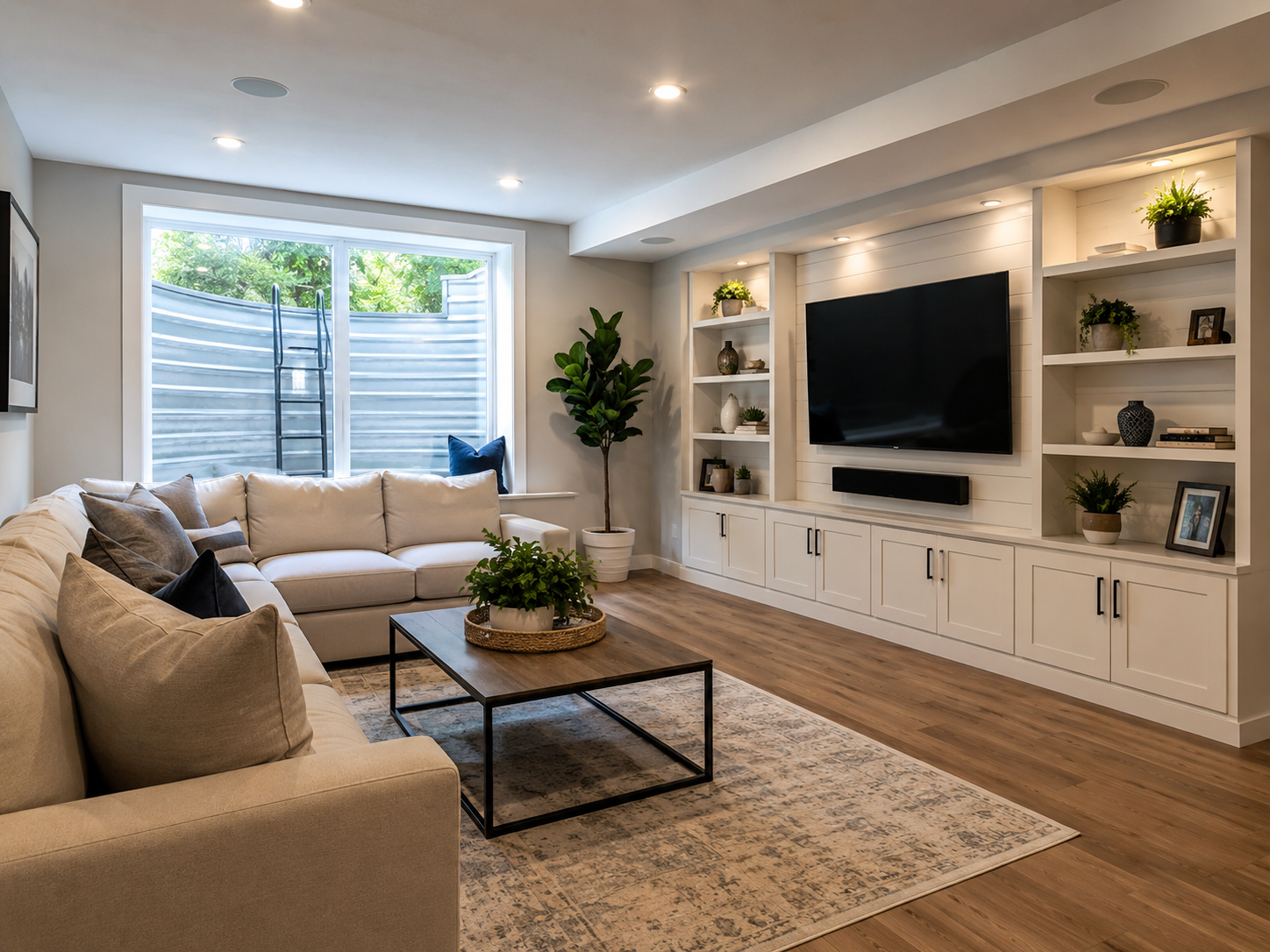 Finished basement remodel in a Rockville Maryland home with egress window and media space