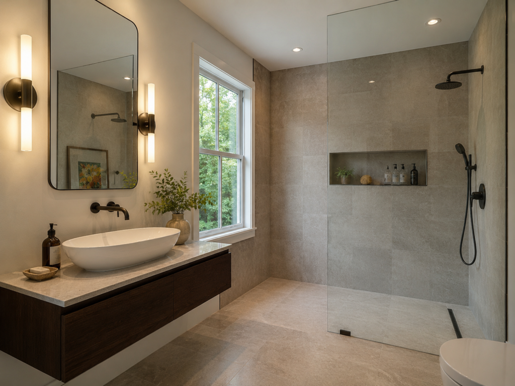 Remodeled bathroom with curbless shower in a Silver Spring, Maryland home
