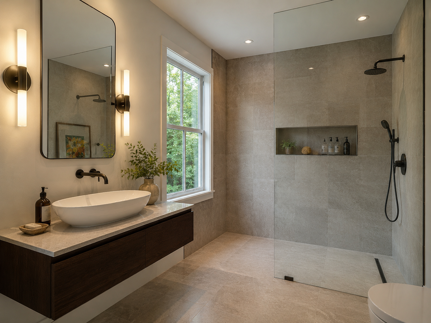 Remodeled bathroom with curbless shower in a Silver Spring, Maryland home