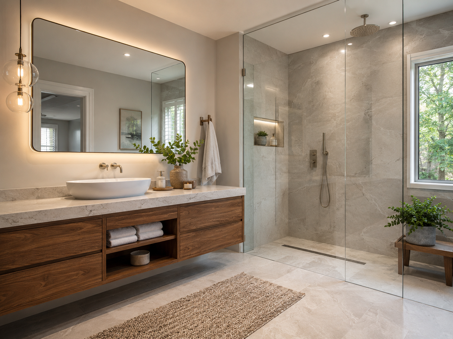 Remodeled primary bathroom with curbless walk-in shower in a Rockville, Maryland home