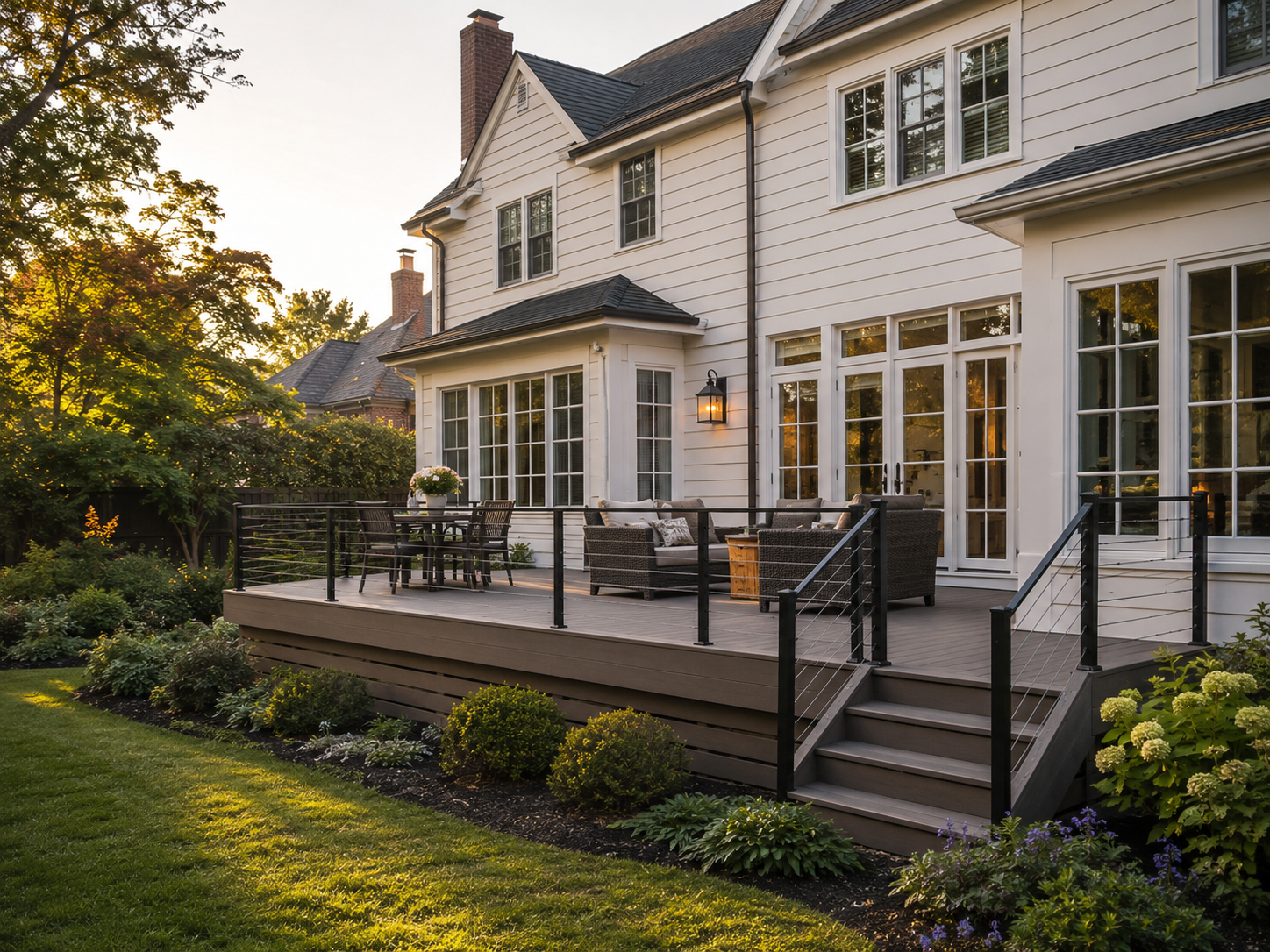 Composite deck with railing in a Bethesda, Maryland backyard