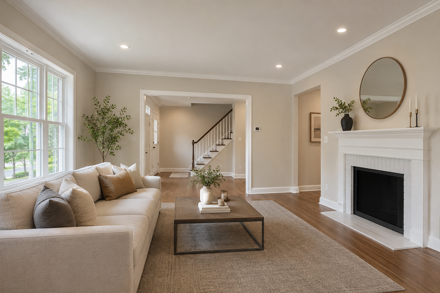 Restored and rebuilt living room after water damage repair in a Bethesda, Maryland home