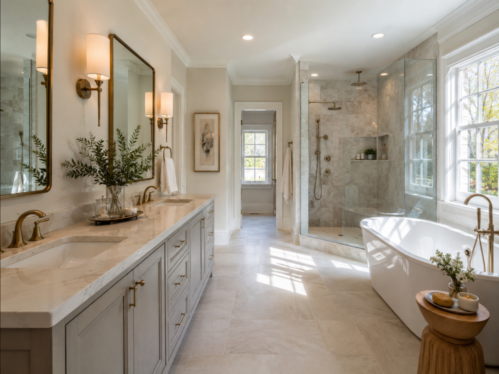 Remodeled primary bathroom with freestanding tub in a Bethesda, Maryland home