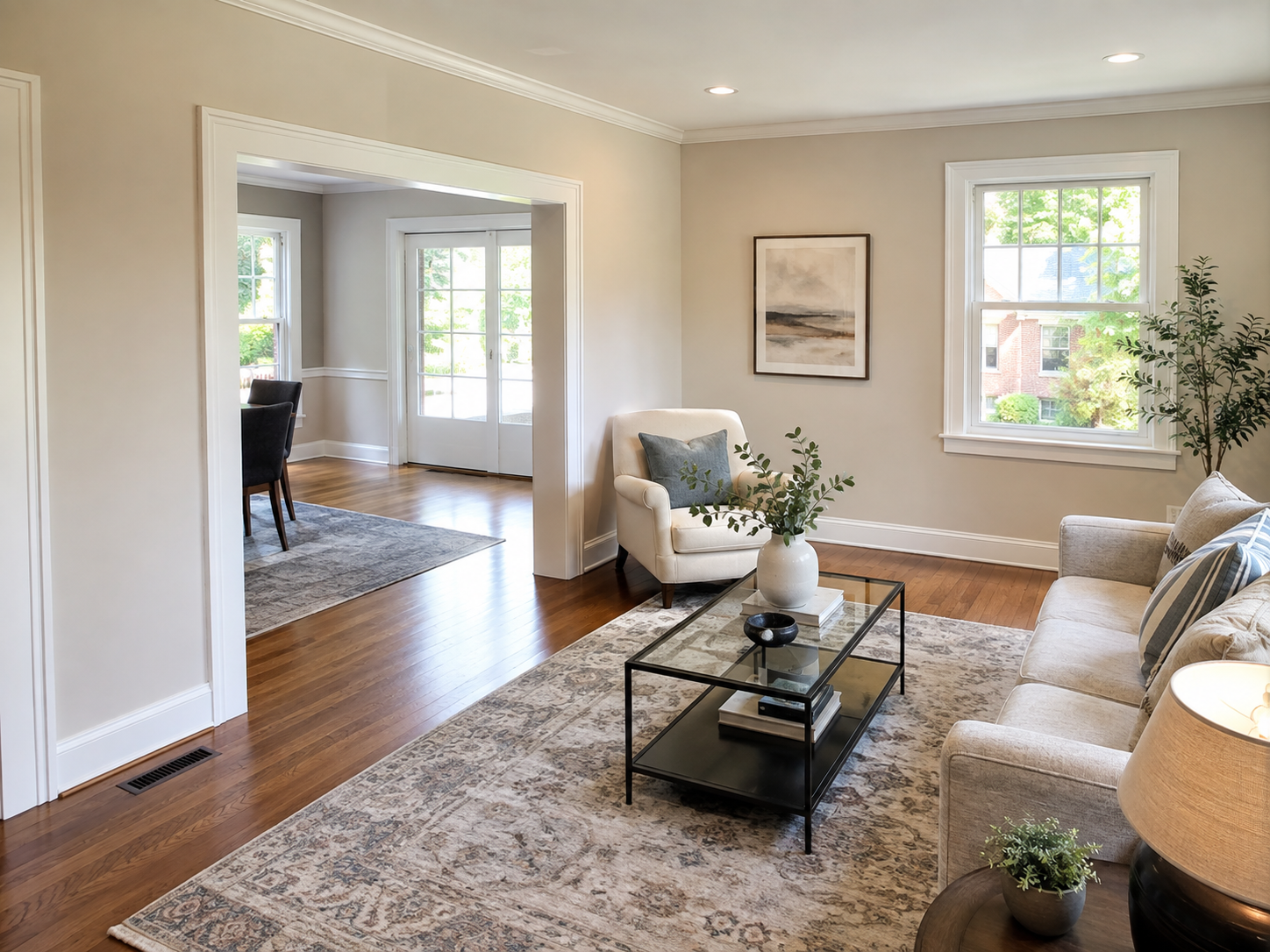 Restored living room after fire damage repair in an Arlington, Virginia home