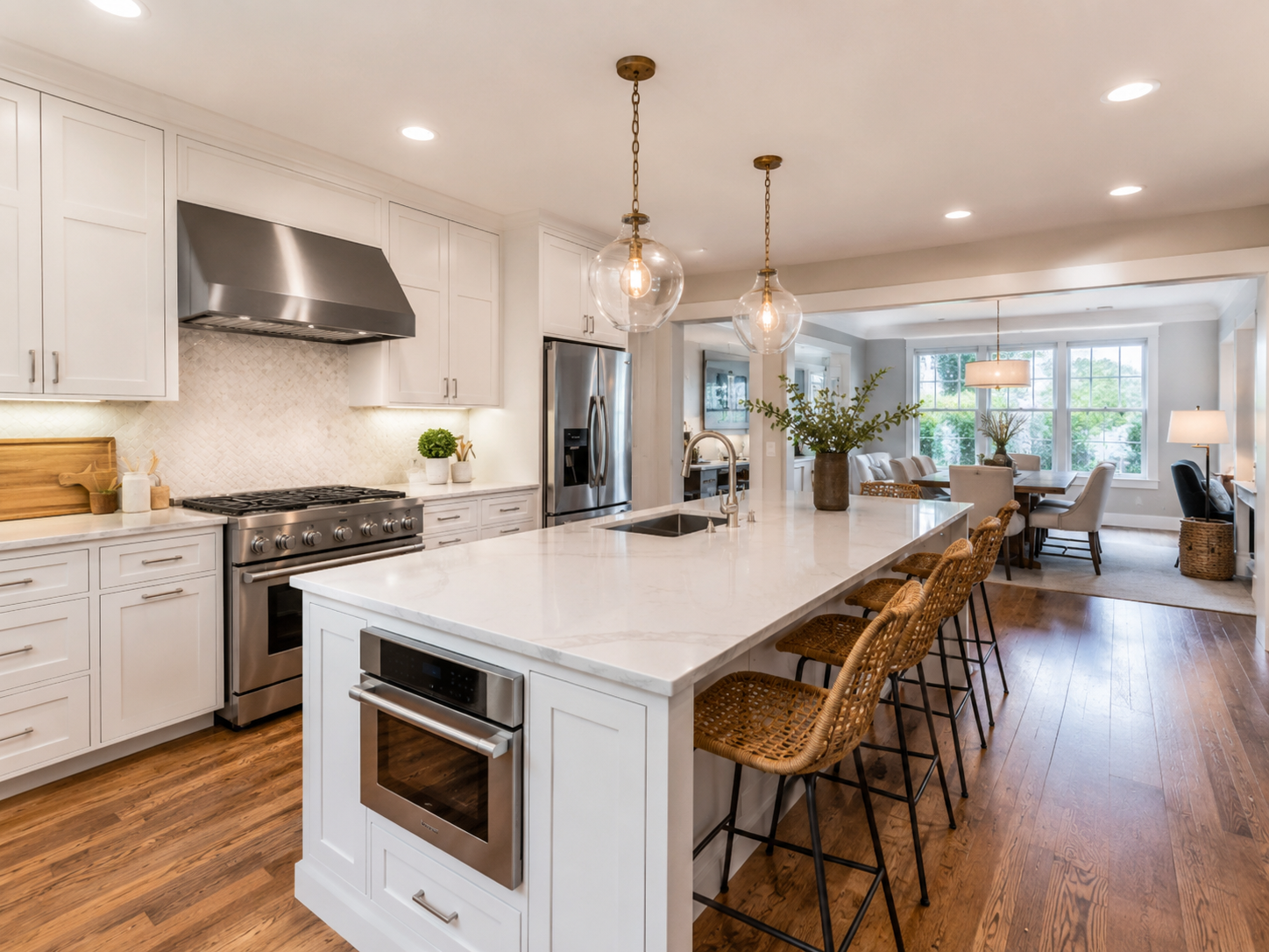 Remodeled open kitchen with island in a single-family Arlington, Virginia home