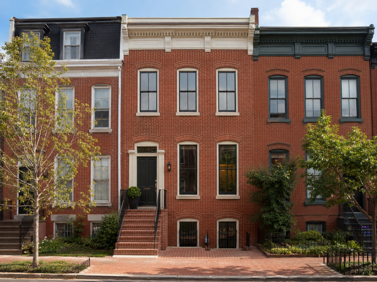 Restored historic rowhouse facade after fire damage repair in Washington, DC