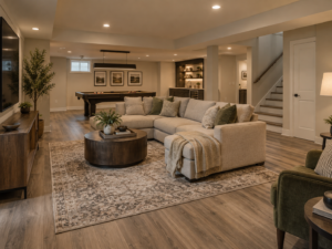 LVP flooring in a finished Silver Spring, Maryland basement by H&C Construction