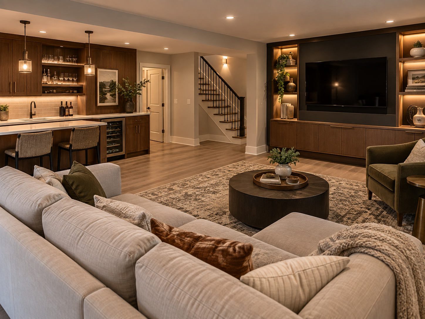 Finished basement recreation room in a Falls Church, Virginia home