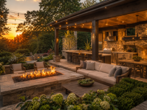 Luxury integrated outdoor living space with deck and covered pavilion in Potomac, Maryland