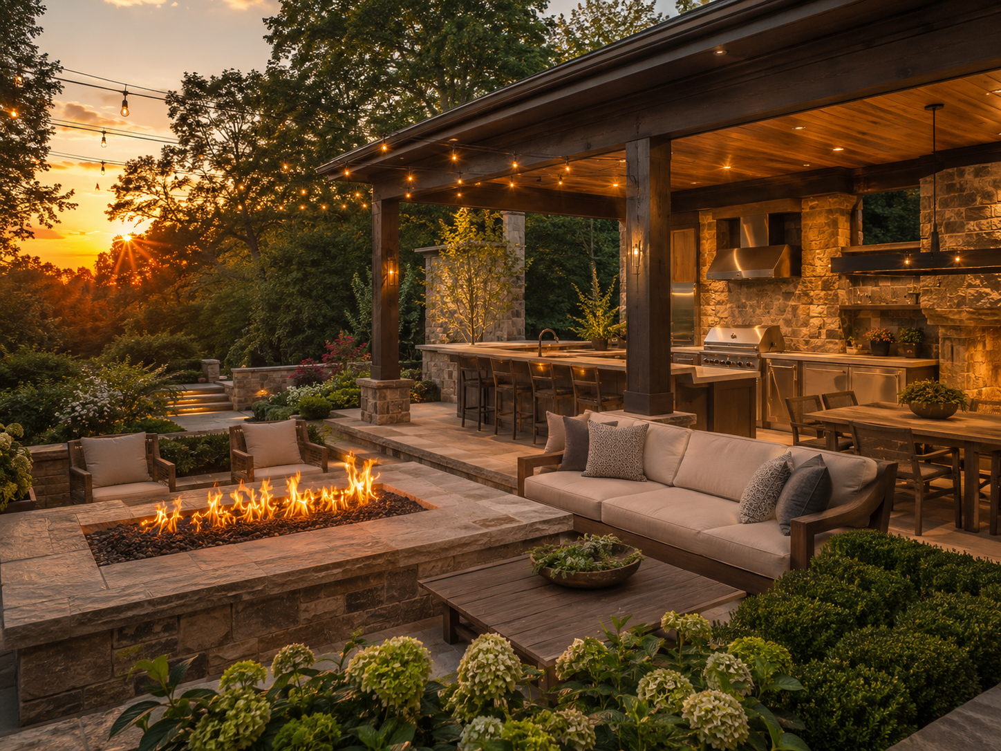 Luxury integrated outdoor living space with deck and covered pavilion in Potomac, Maryland