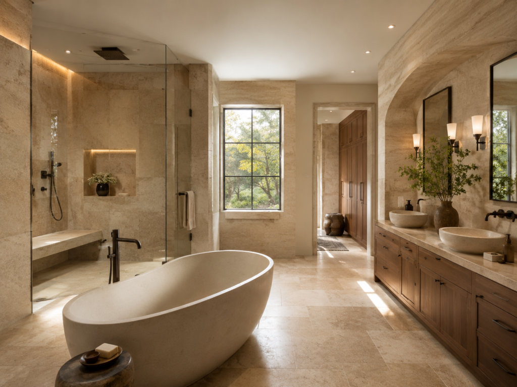 Luxury spa-style primary bathroom with steam shower in a Potomac, Maryland estate home