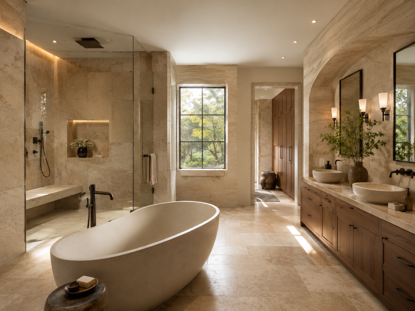Luxury spa-style primary bathroom with steam shower in a Potomac, Maryland estate home