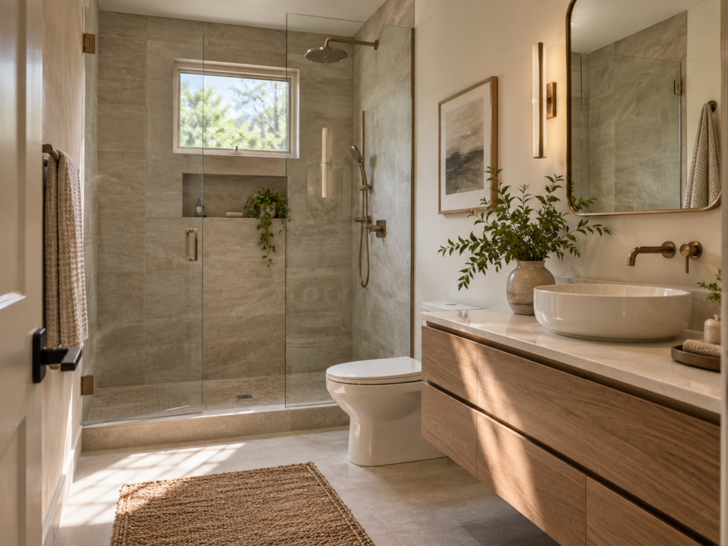 Remodeled bathroom with walk-in shower in a split-level Annandale, Virginia home