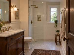 Remodeled bathroom with walk-in shower in a historic Takoma Park, Maryland home