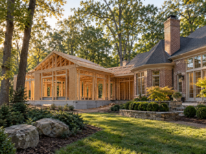 Home addition under construction on a large lot in Potomac, Maryland