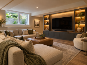Finished basement with egress window in a Bethesda, Maryland home