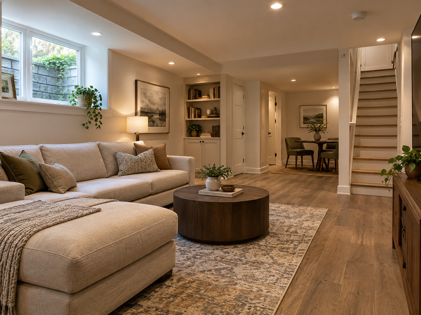 Finished basement in an Arlington, Virginia rowhouse with waterproofing