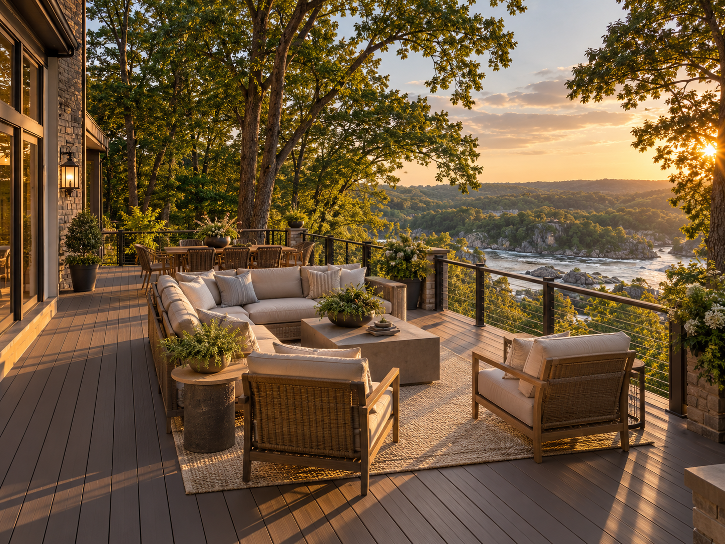 Large composite deck on a wooded, river-adjacent lot in Great Falls, Virginia