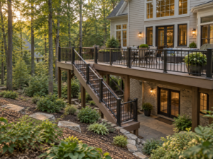 Elevated deck engineered for a sloped, wooded lot in Fairfax Station, Virginia