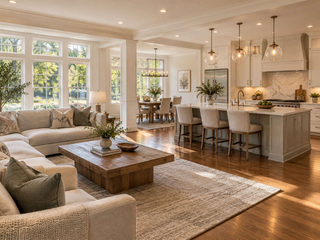 A renovated Vienna, Virginia open living and kitchen area with hardwood floors and new lighting after a whole-home renovation