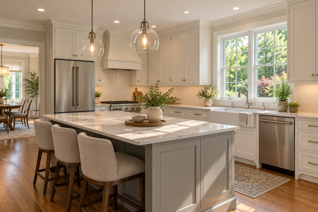 A renovated Falls Church, Virginia kitchen with painted cabinets, stone counters, and a window over the sink