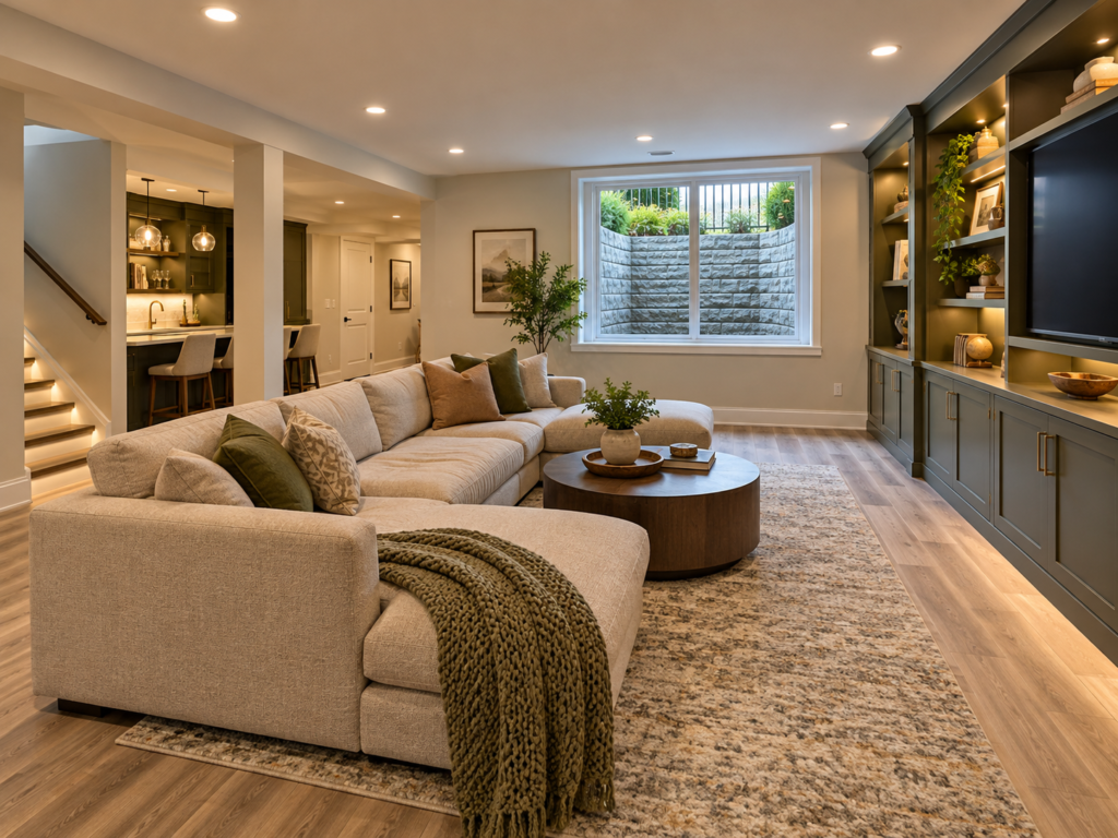 A finished Rockville, Maryland basement with an egress window and a family room