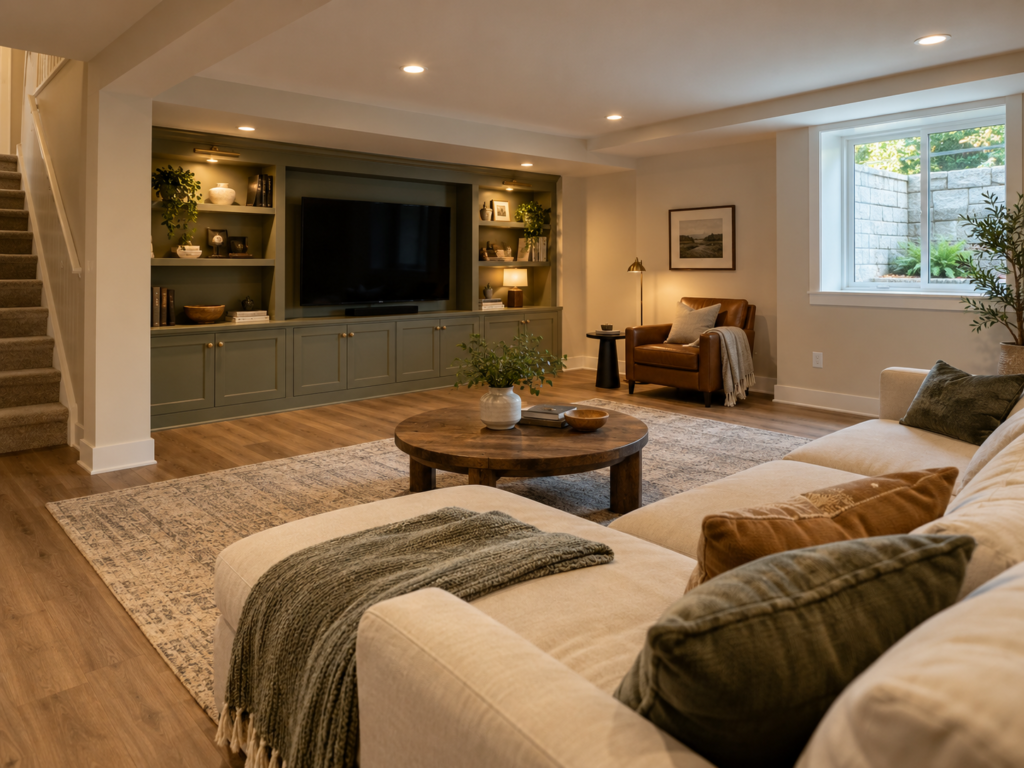 A finished basement in a Kensington, Maryland home with a legal egress window and even ceiling height