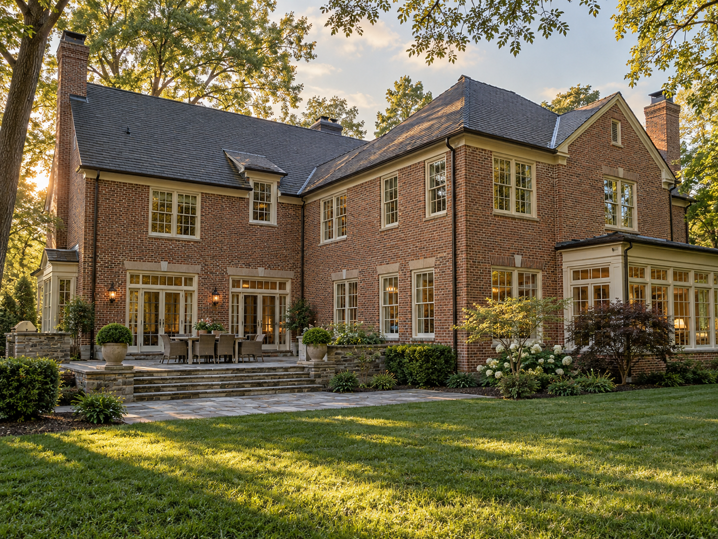 Vienna, Virginia brick home with a two-story rear addition matching the original roofline
