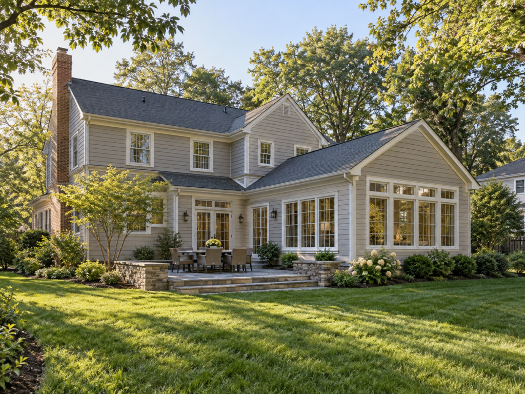 A Germantown, Maryland home with a new two-story rear addition matching the original siding and roofline