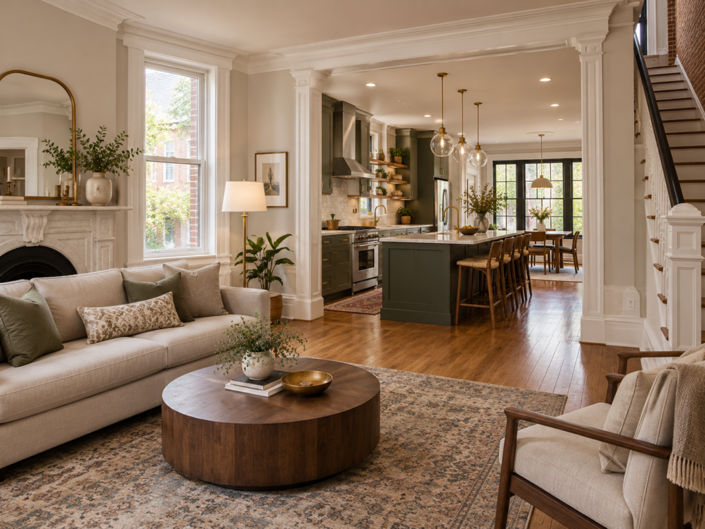 A renovated Brookland, Washington, DC living room opening to a kitchen after a whole-home renovation