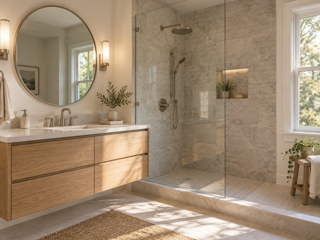 A remodeled Alexandria, Virginia bathroom with a tiled walk-in shower and a wood vanity