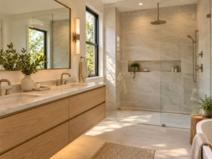 Remodeled Falls Church, Virginia bathroom with walk-in tile shower and wood vanity