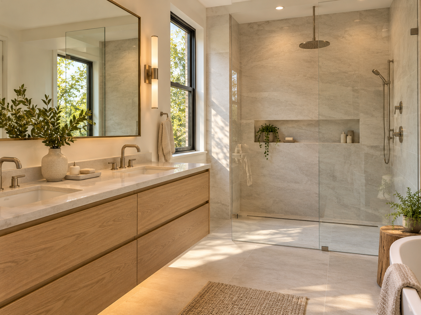 Remodeled Falls Church, Virginia bathroom with walk-in tile shower and wood vanity