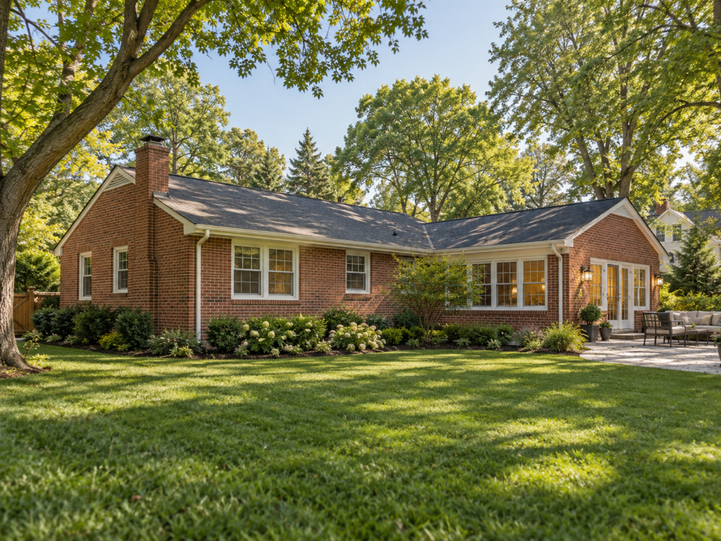 A Wheaton, Maryland brick rambler with a new rear addition matching the original roofline