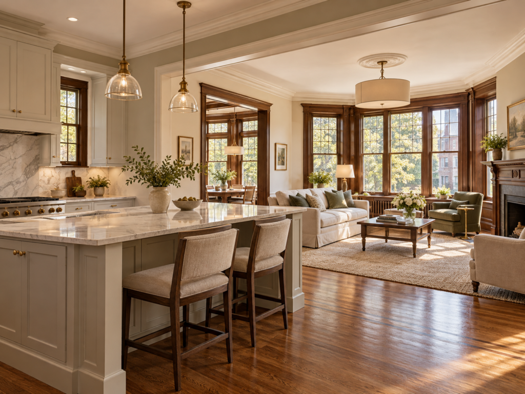 A renovated Cleveland Park, Washington, DC living room with original wood floors and a fireplace