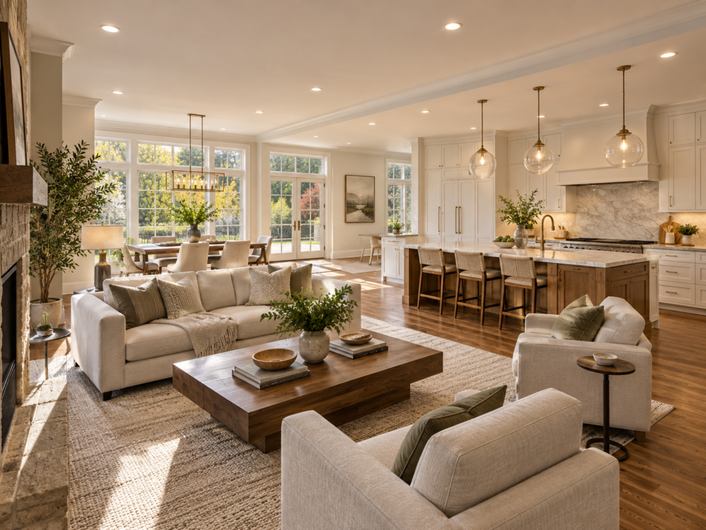 A renovated Bethesda, Maryland living room and adjacent kitchen with new lighting after a whole-home renovation