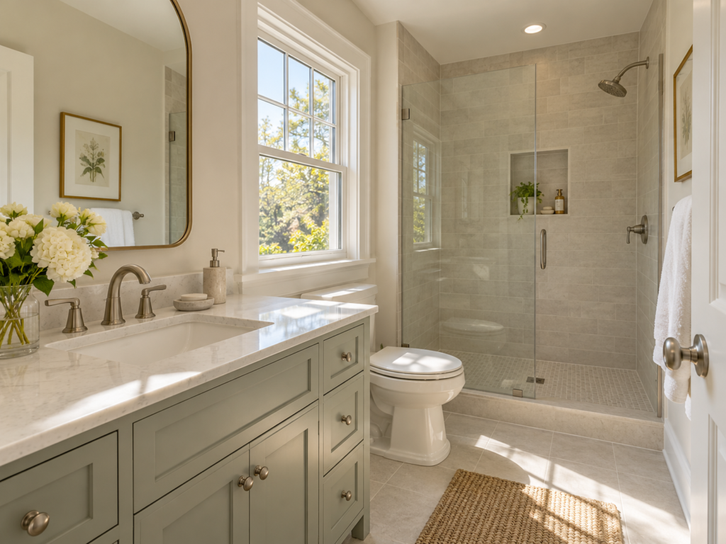 A finished Vienna, Virginia hall bathroom with a tiled shower, a painted vanity, and a new window kept inside the original opening