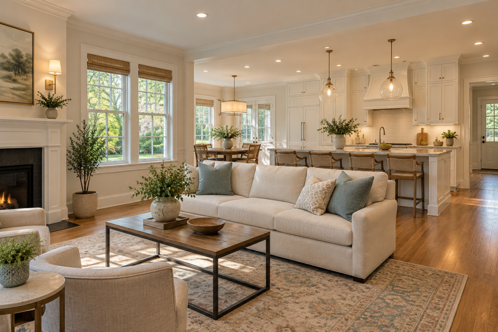 A renovated Chevy Chase, Maryland living room opening to a kitchen with new lighting after a whole-home renovation