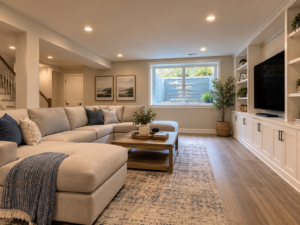 Finished Annandale, Virginia basement family room with vinyl plank flooring and egress window