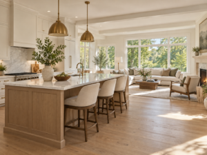 Renovated open-plan kitchen and living room in an Olney, Maryland home with white oak floors