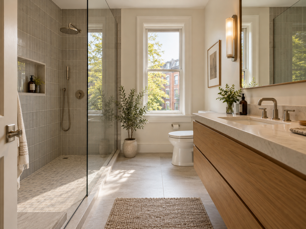 A remodeled Brookland, Washington, DC bathroom with a tiled walk-in shower and wood vanity